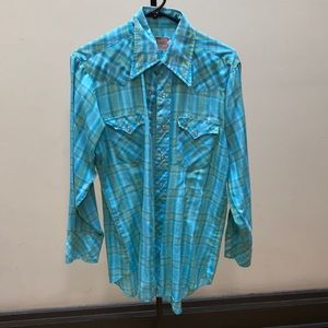 Vintage aqua and yellow and blue western tartan shirt